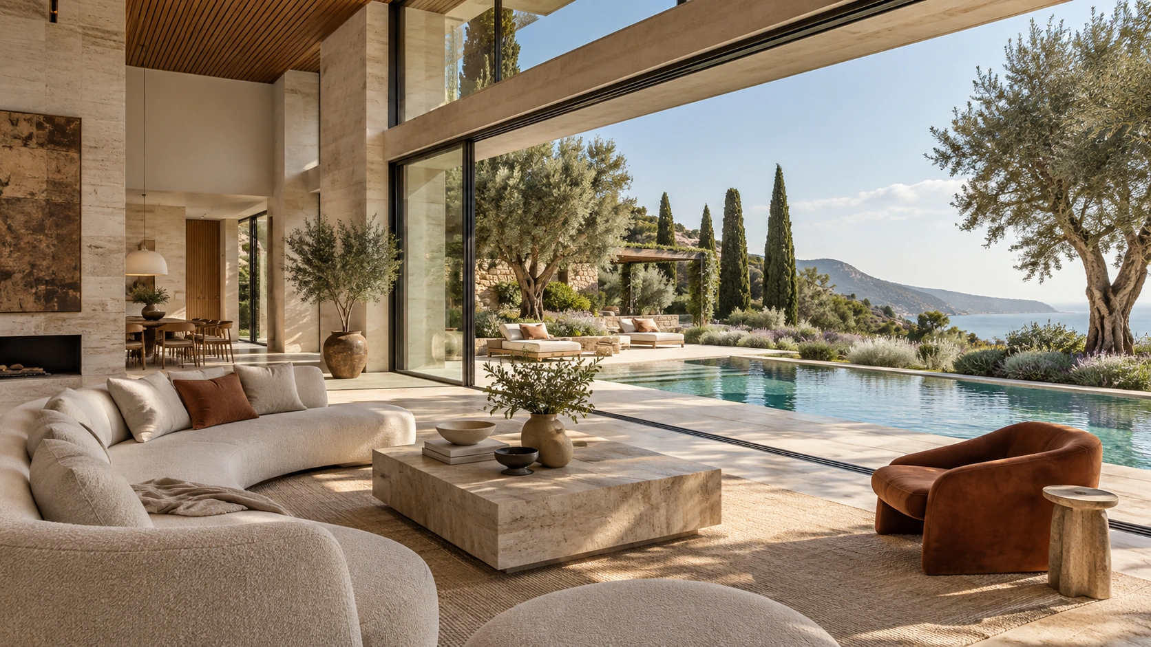Bahçe ve havuza açılan villa iç mekânı